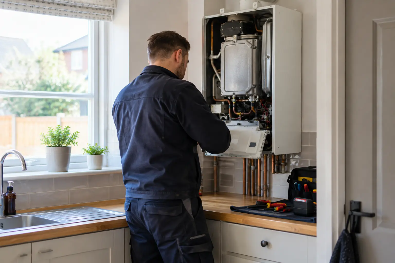 Editorial image of a heating engineer servicing a domestic boiler