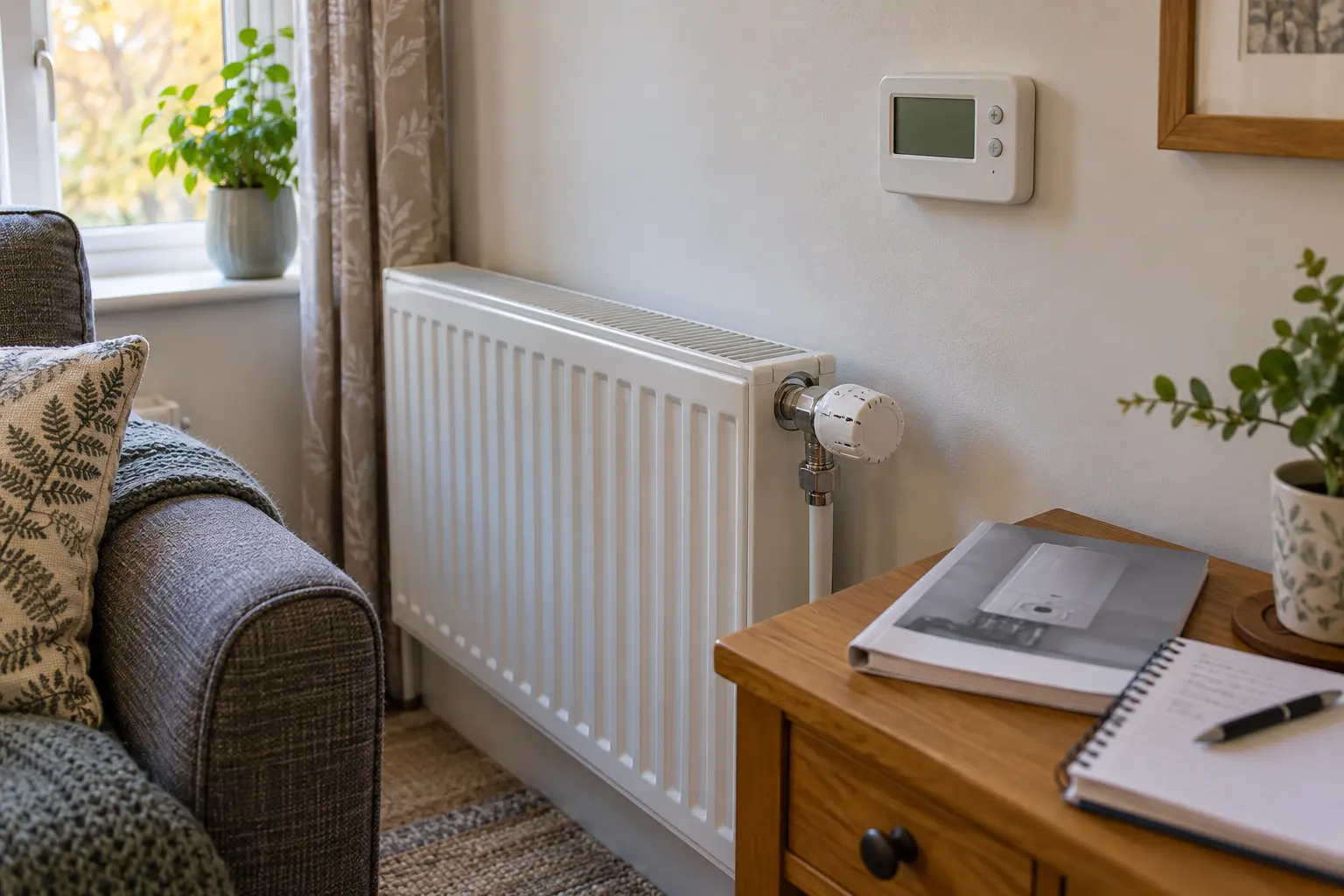 Editorial image of a radiator, thermostat and boiler handbook